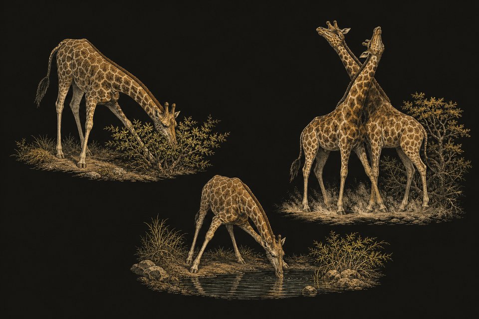 Giraf etend van lage struiken Drinkende giraf Giraffen slaan elkaar met de nek