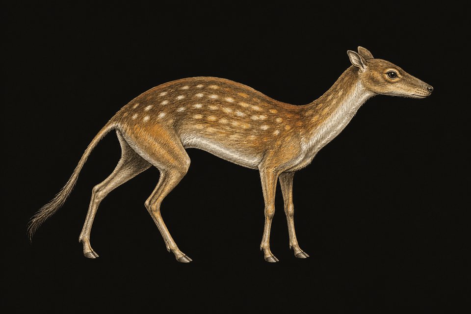 Eohippus: een impressie; opvallend zijn het hondachtige uiterlijk, de gebogen rug, de lange achter- en korte voorpoten, de st