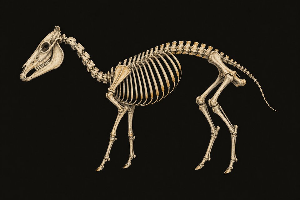 Een skelet van Orohippus. De rug is bol, de kop en poten zijn langer dan bij Eohippus