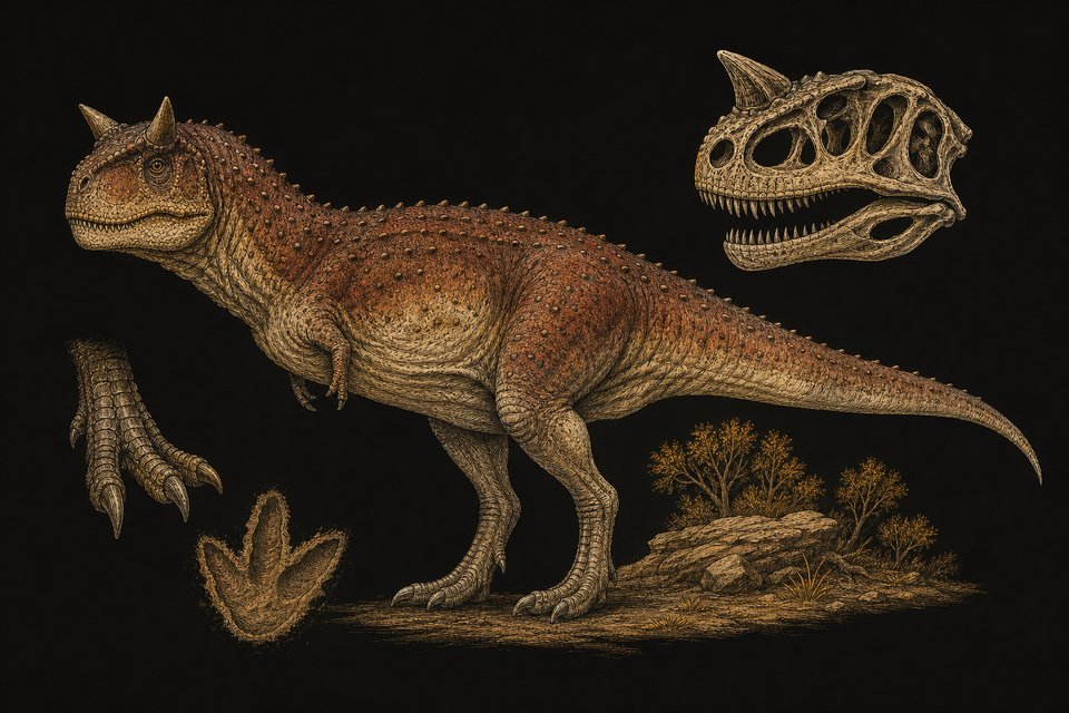Carnotaurus; 7 meter lang en 1 ton zwaar, zeer kleine armen en twee driehoekige hoorns boven de ogen, een echte vleeseter