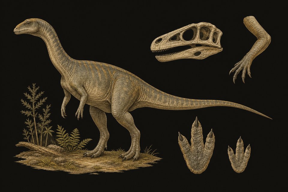 Plateosaurus; 10 meter lang, gewicht 1 ton, krachtige achterpoten en korte voorpoten, lange nek en staart