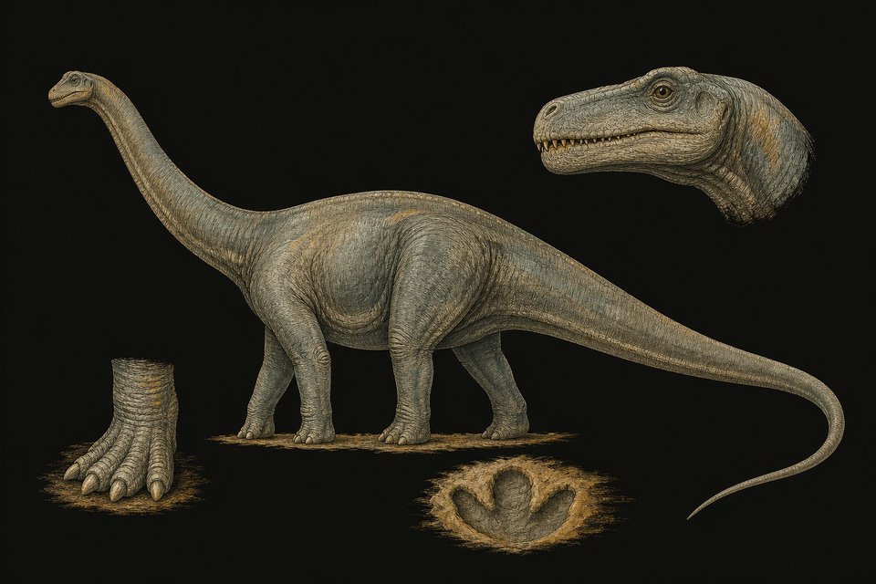 Apatosaurus (Brontosaurus); 30 meter lang en 3 meter hoog, gewicht 40 ton, kon 100 jaar oud worden, kleine kop met puntige ta
