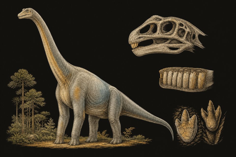 Brachiosaurus; 15 meter hoog en 90 ton zwaar, leek op een giraf met zijn lange nek en lange voorpoten, had beitelvormige tand
