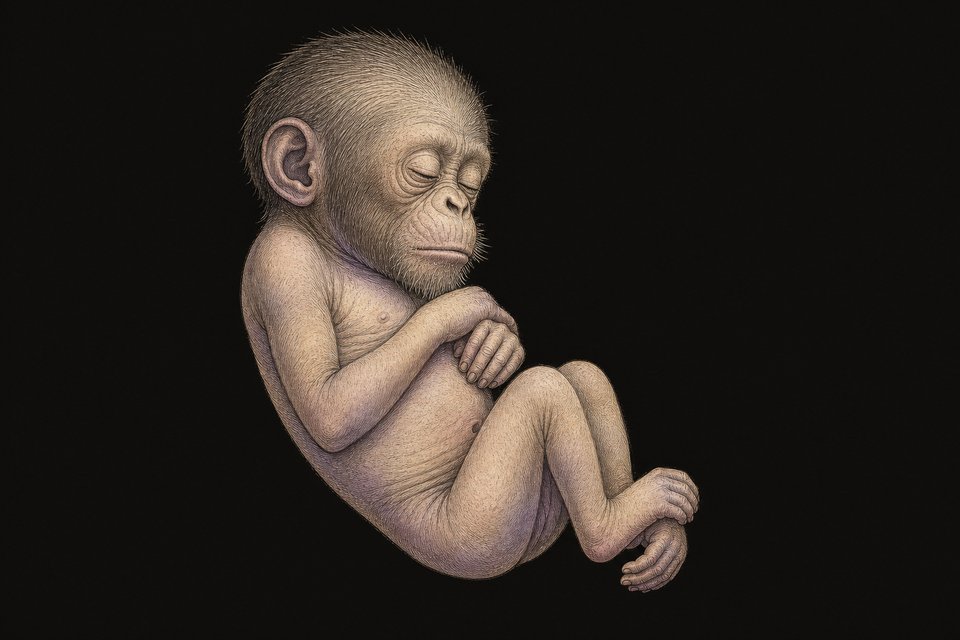 Een 7 maanden oude foetus van een chimpansee. Het lichaam is naakt op de hoofd na. Er zijn haren op de kruin en baard- en sno