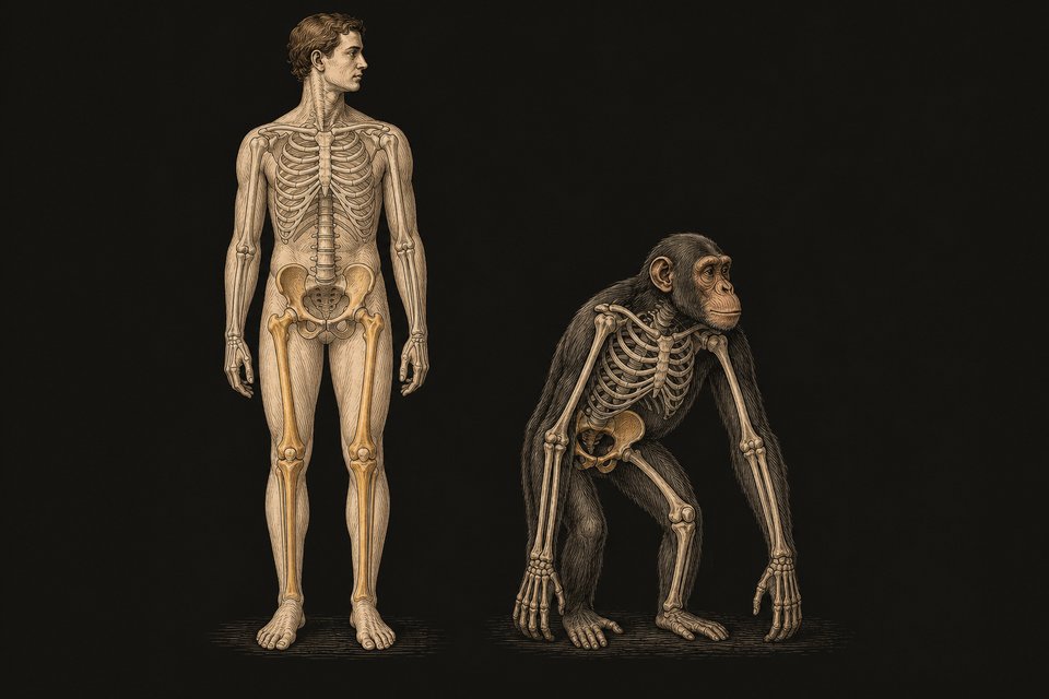 Opvallend lang zijn de benen van de mens in vergelijking tot de armen, bij de chimpansee is dat niet zo, daar zijn juist de a