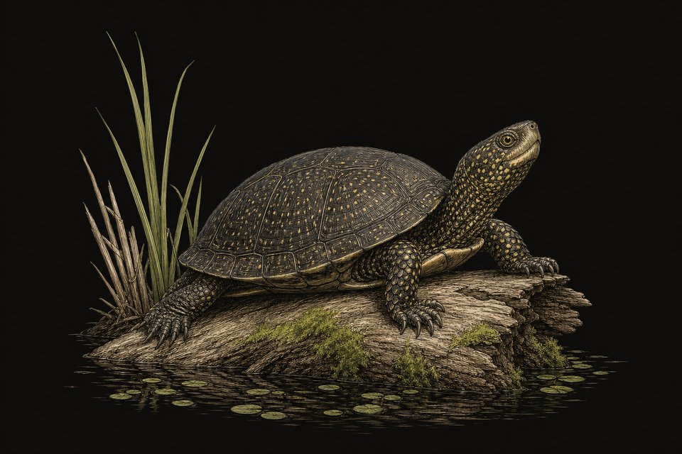 Een Europese moerasschildpad in de zon (kwam vroeger ook in Nederland voor)