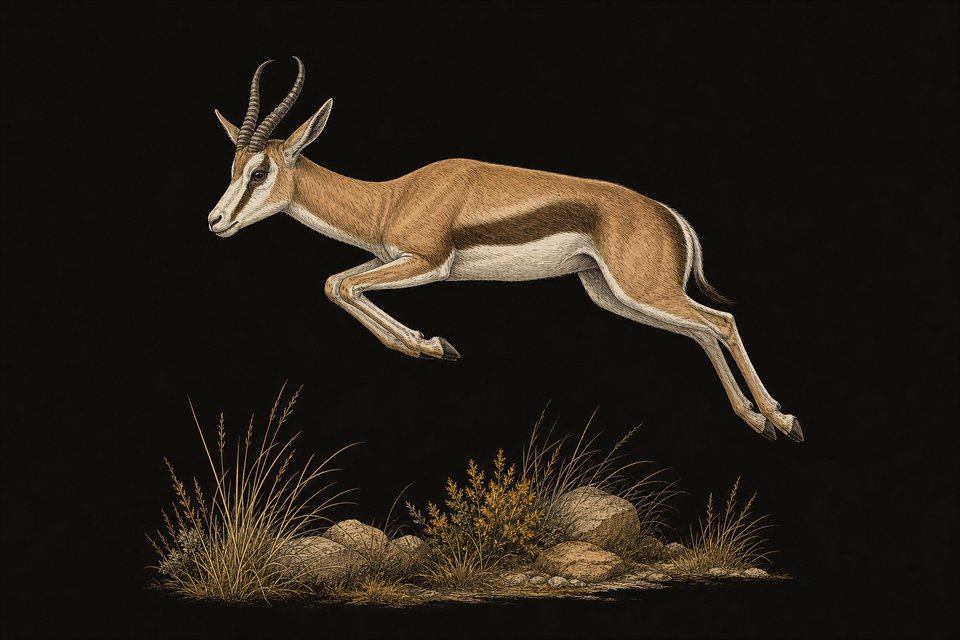 Een springbok springt met vier poten tegelijk