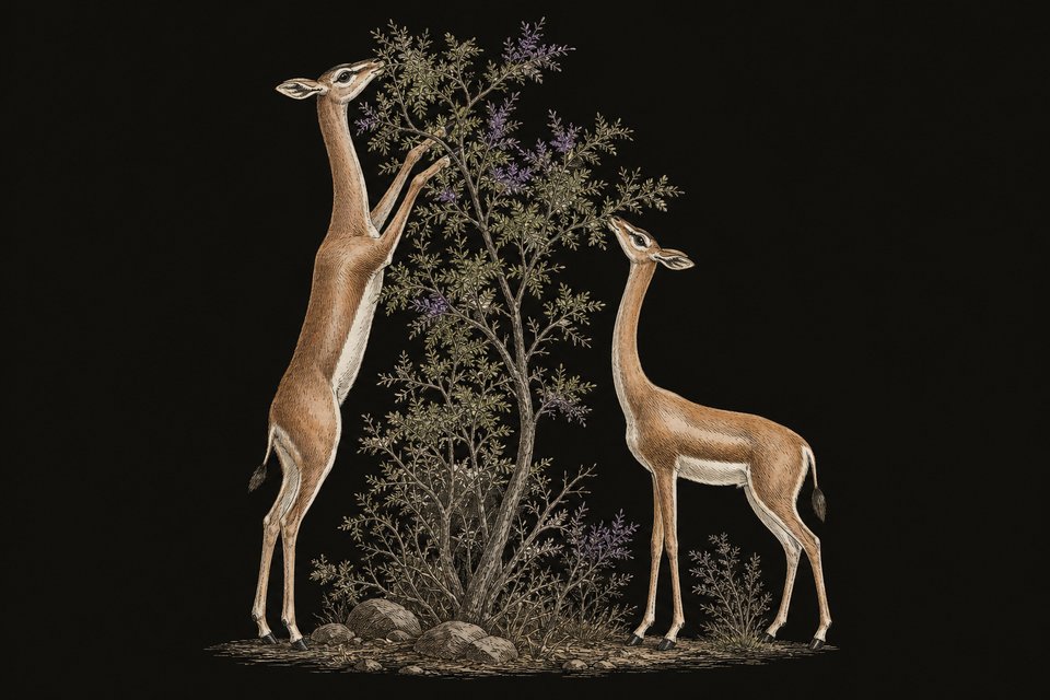 Girafgazellen hebben een lange nek en eten staand op hun achterpoten bladeren van een struik