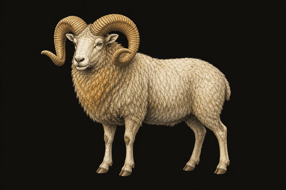 Een ram met geribbelde, gedraaide hoorns