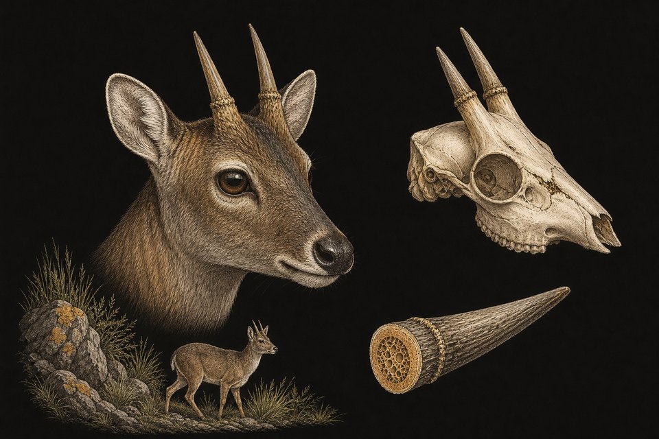 De korte rechte hoorns van een duiker