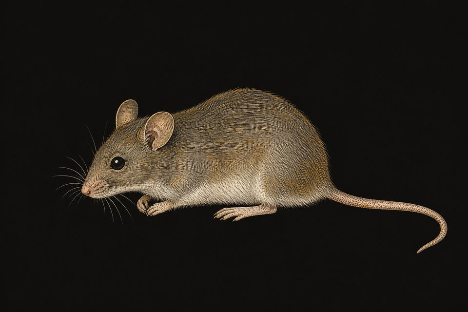 Huismuis: achteraan hoger en nauwelijks een nek zichtbaar