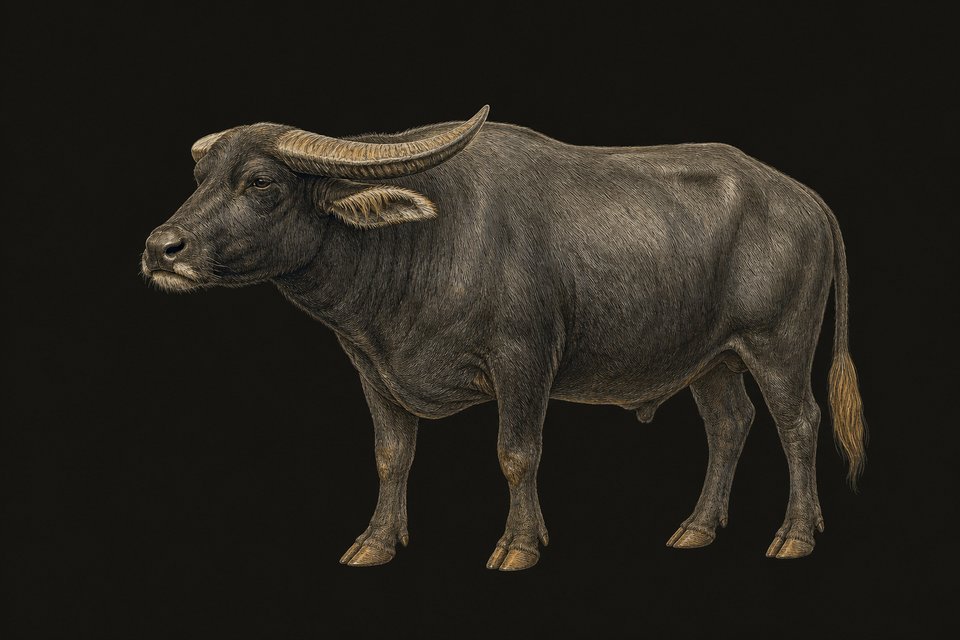 Een waterbuffel, hoorns wijzen naar achteren