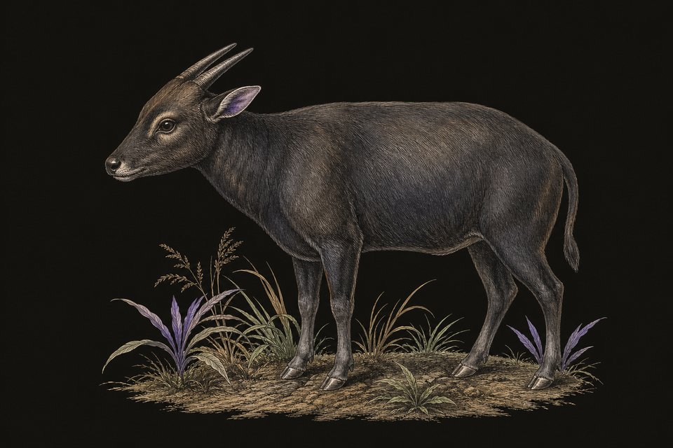Een anoa, klein, hoorns staan recht naar achter