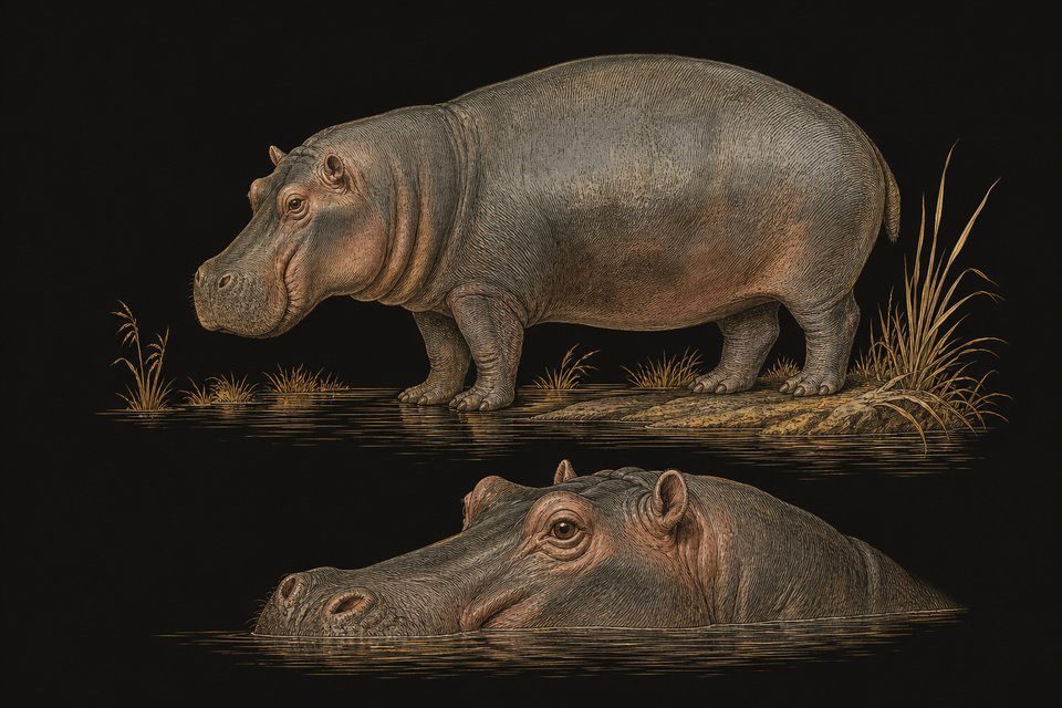 Een nijlpaard, tot 4,5 m en 3000 kg