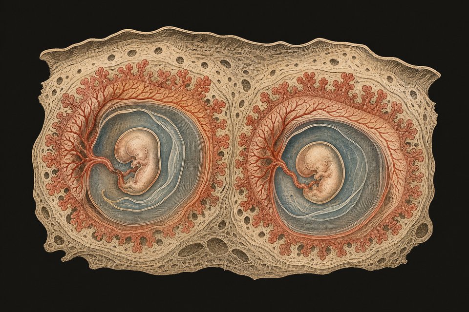 Afbeelding 16. Twee-eiige tweeling Er zijn 2 zygotes, die zich innestelen. Zij hebben beiden hun eigen omhulling (amnion, cho