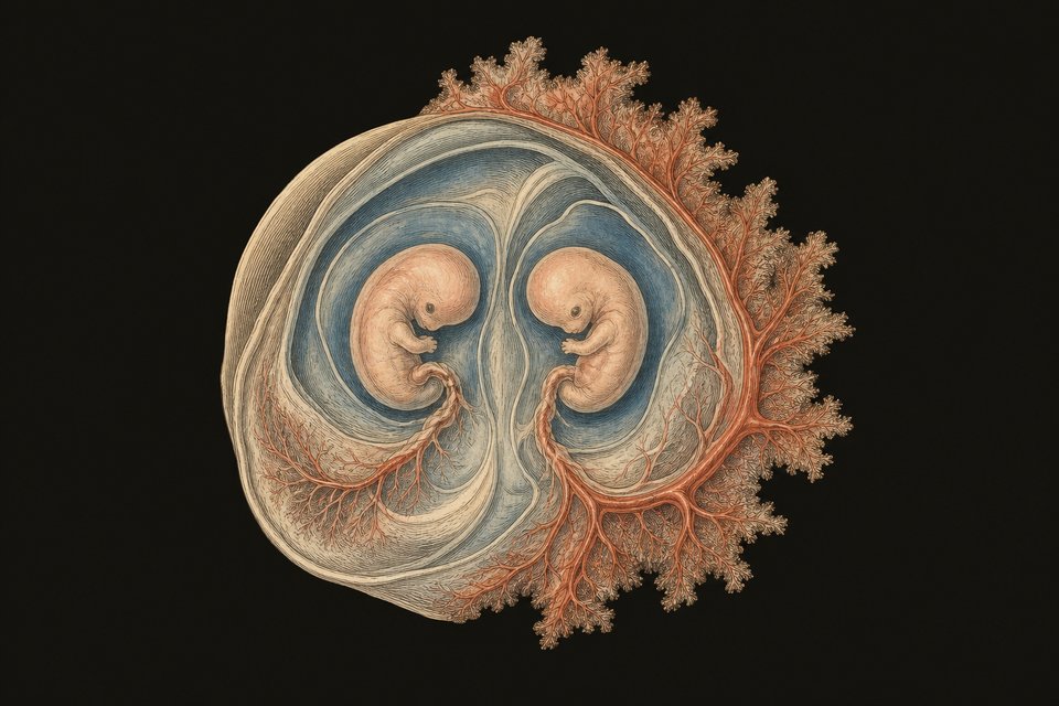 Afbeelding 18. Een een-eiige tweeling uit de tweede week De embryonale schijf splitst. De embryo’s zitten samen in dezelfde a