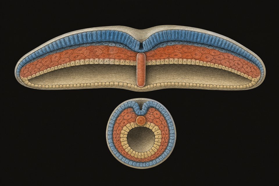 C: Het nototchord loopt tot de prochordale plaat. Tussen ecto- en entoderm zit overal mesoderm