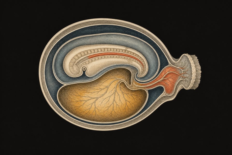 C2: een lengtedoorsnede die laat zien hoe het notochord loopt. Tegelijk is de allantois gevormd, een uitstulping van de dooie