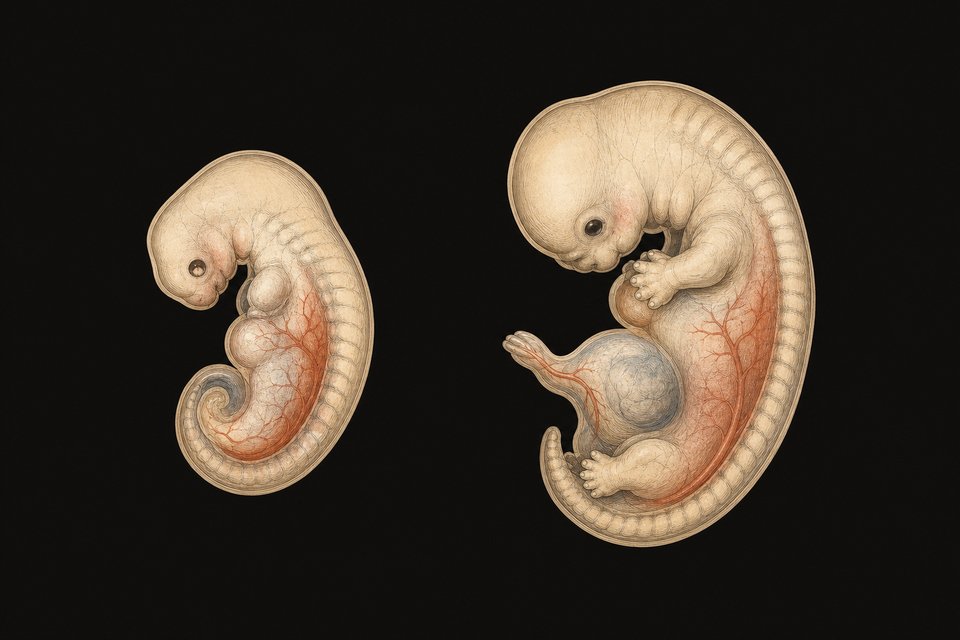 Afbeelding 32. Links: embryo op dag 24; rechts op dag 28, resp. 2 en 5 mm lang