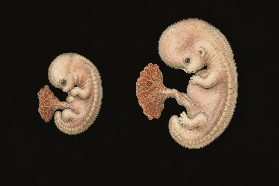 Afbeelding 34. Links: embryo op dag 32; rechts op dag 41; resp. 7 en 12 mm lang