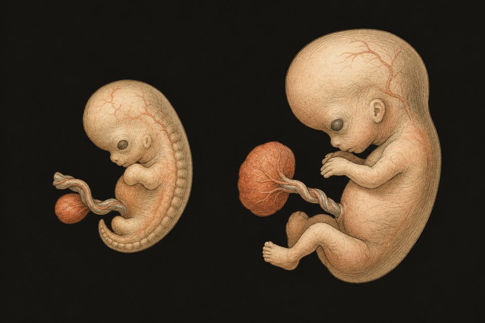 Afbeelding 35. Links: embryo op dag 51; rechts op dag 56; resp. 22 en 30 mm lang