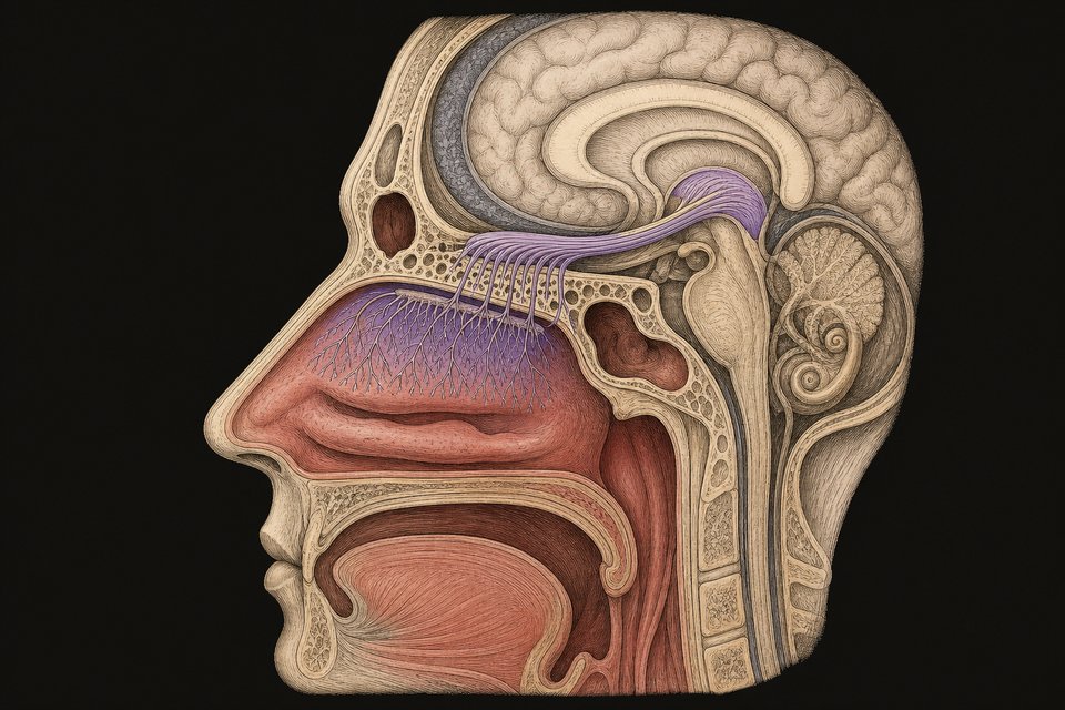 The olfactory organ in the nose. The olfactory nerves in the nasal mucosa pass through the ethmoid bones directly to the brai