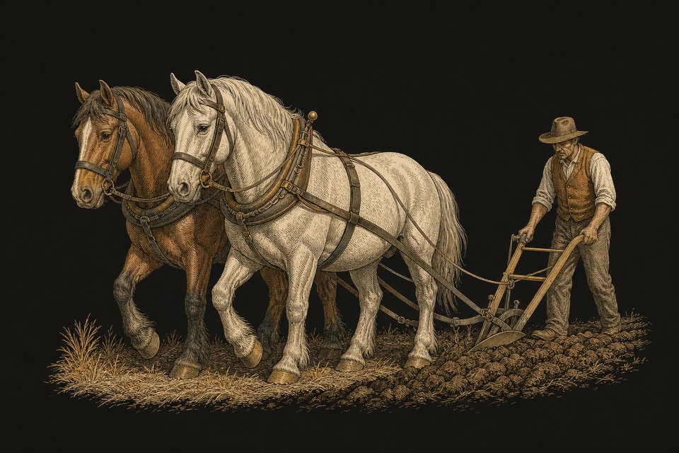 Horses in front of a plow