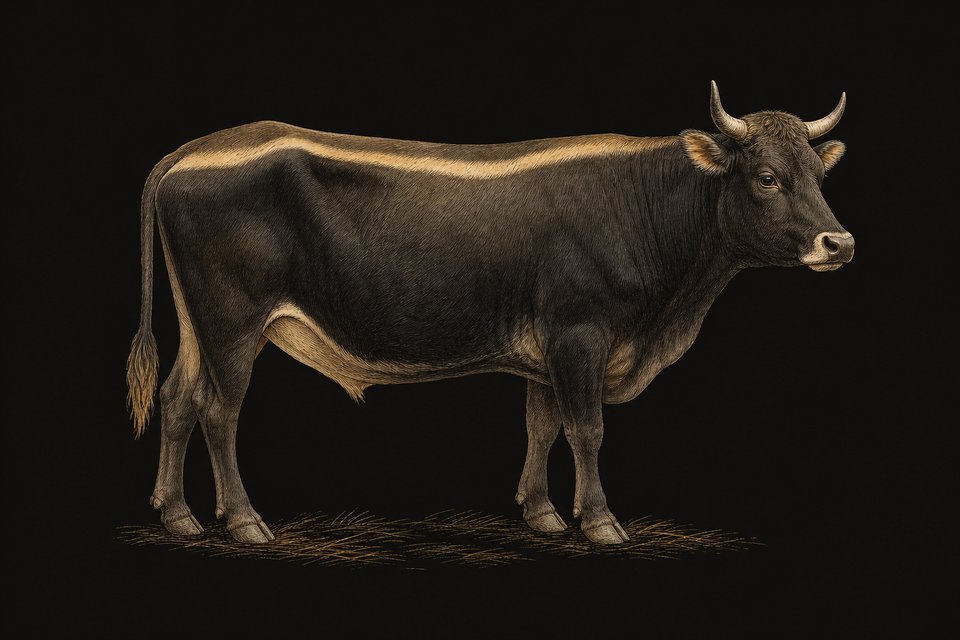 Heck cow: dark with a lighter eelstripe
