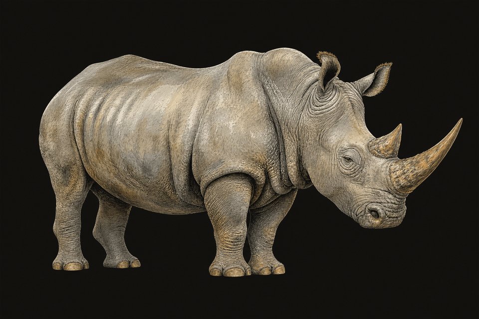 A white rhinoceros: a massive animal of 3500 kg and a length of 4 meters