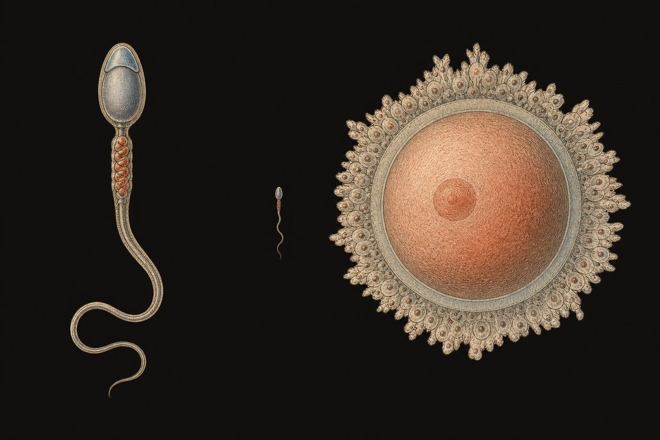 Figure 4. Spermatozoon (A) and ovum (C). B shows the sperm at the same scale as the ovum