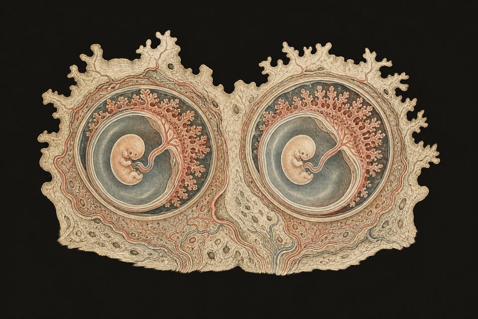 Figure 16. Dizygotic twins There are two zygotes, which implant. They both have their own shell (amnion, chorion) and trophob