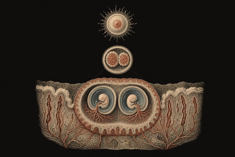 Figure 17. Monozygotic twins There is one zygote with two embryoblasts that implant. Both embryos have their own amnion, and 