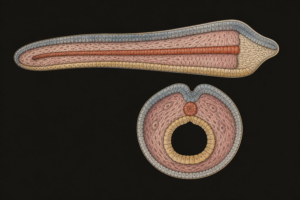 C: The notochord runs until the prochordale plate. Between ecto- and entoderm is everywhere mesoderm