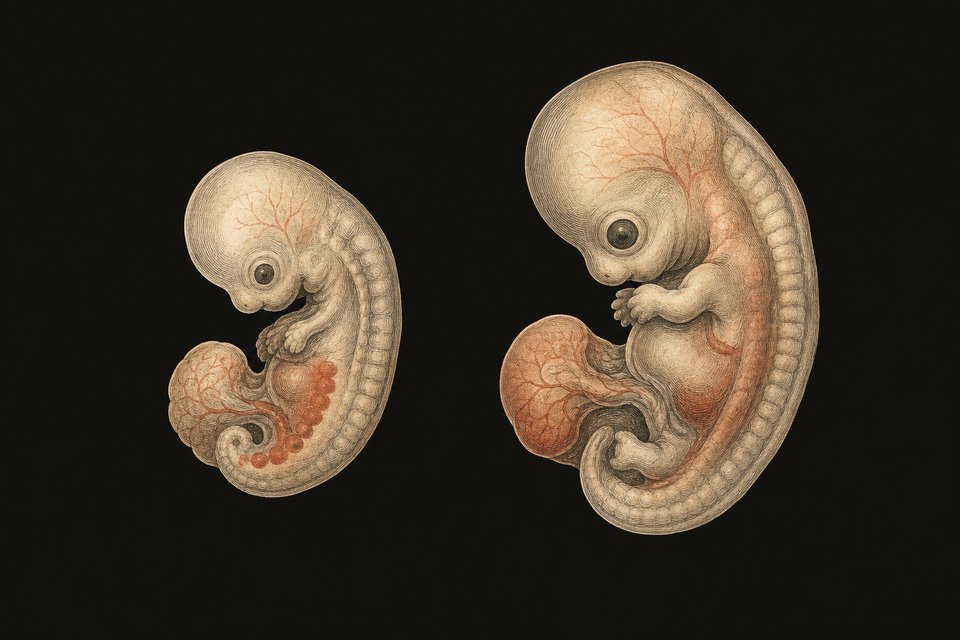 Figure 32. Left: an embryo on day 24, right on 28 days, respectively. 2 and 5 mm long