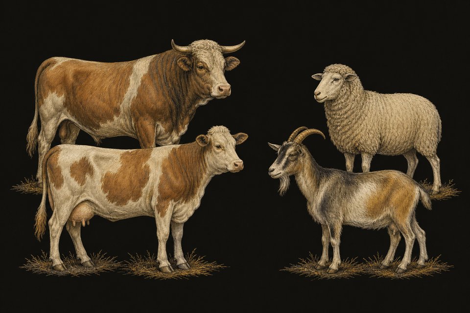 Vergelijken: rund en koe naast schaap en geit