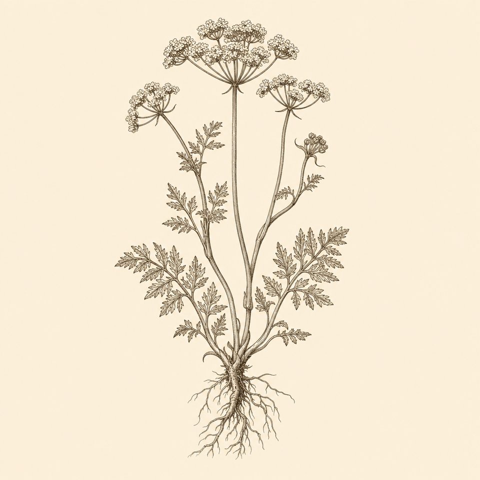 Wilde plant met schermen, bloemen en wortels