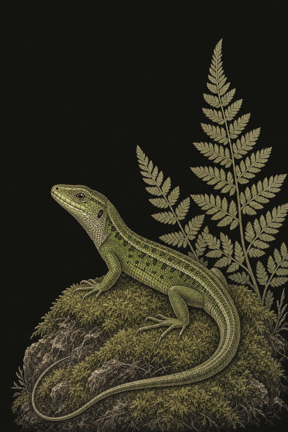 Groene hagedis op mos voor een varen