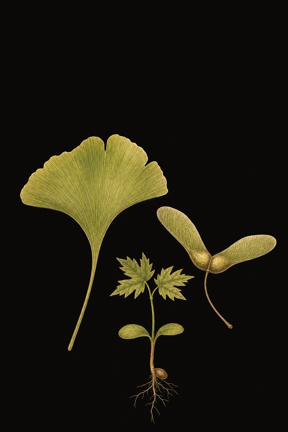 Ginkgoblad, gevleugeld esdoornzaad en een kiemplant